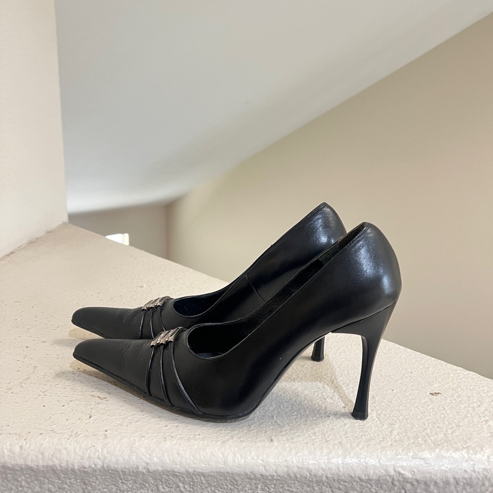 Versace Black Leather Pointed Toe Heels Pumps Stoned Court Shoes Size 9 Formal